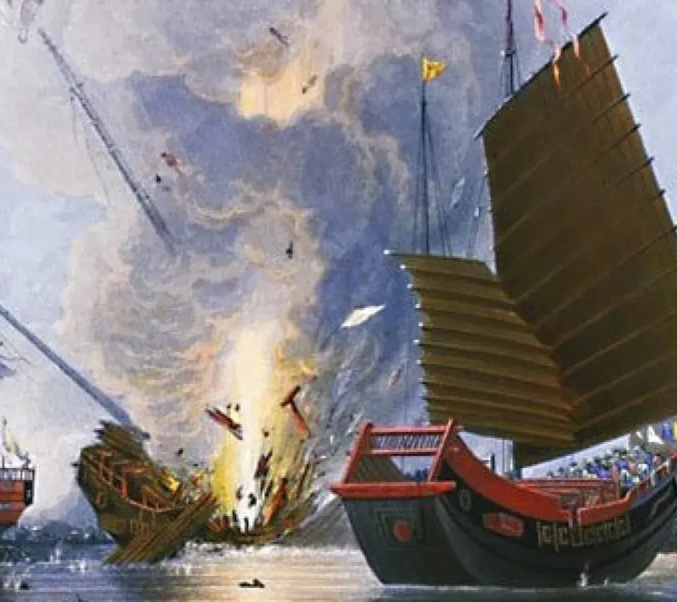 Tableau d'E. Duncan, intitulé Destroying Chinese war junks, de 1843, représentant un bateau de la Royal Navy détruisant une flottille chinoise devant Hong Kong, pendant la première guerre de l’opium